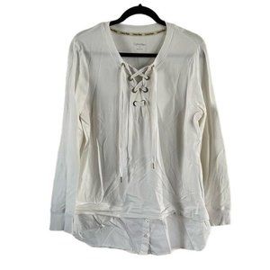Calvin Klein White Lace Front Dress Shirt Bottom Sweater, Sz Medium